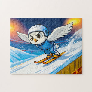 Schneeeule Ski-Sprung von einer Winterski-Rampe