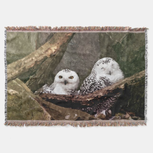 Schneeeulenpaar Wald Wildlife-Kunst Decke (Vorderseite)