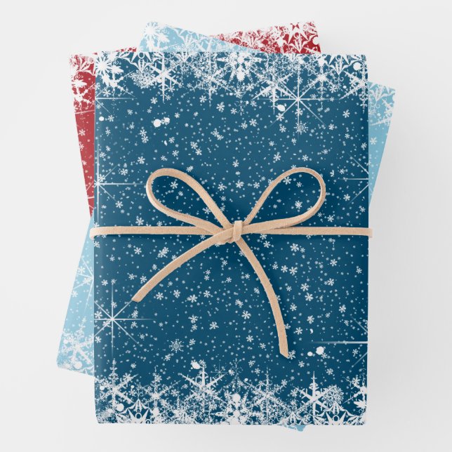 Schneefall und Schneebrenzen Weihnachten Blau/Rot  Geschenkpapier Set (Beispiel)
