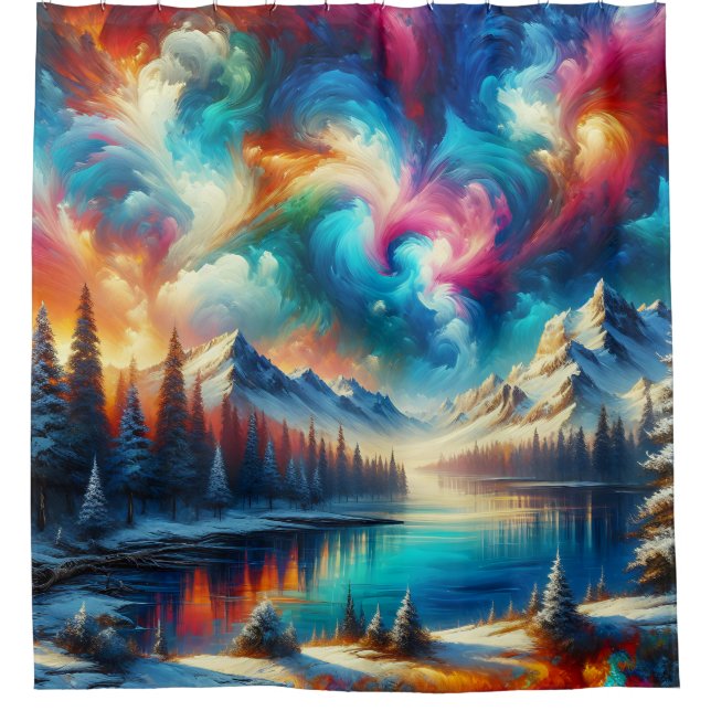 "Schneefarbene Landschaft - pulsierende Winterkuns Duschvorhang (Vorderseite)
