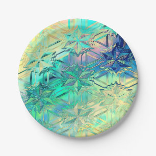 Schneeflocke aus Hartglas, farbig aquamarin, rosa  Pappteller