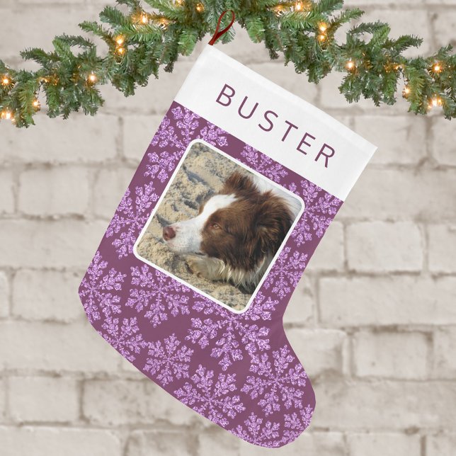 Schneeflocke Blende Einfaches Niedliches Foto Großer Weihnachtsstrumpf (So cute for kids and pets, these double sided photo Christmas stockings are easy to personalize)