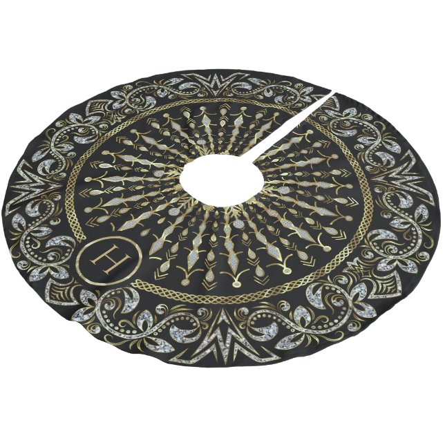 Schneeflocke für Schwarz-, Gold- und DiamantenGlit Polyester Weihnachtsbaumdecke (Schrägansicht)