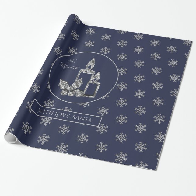 Schneeflocke-Kerzen-Stechpalmen-blaues und Geschenkpapier (Ungerollt)