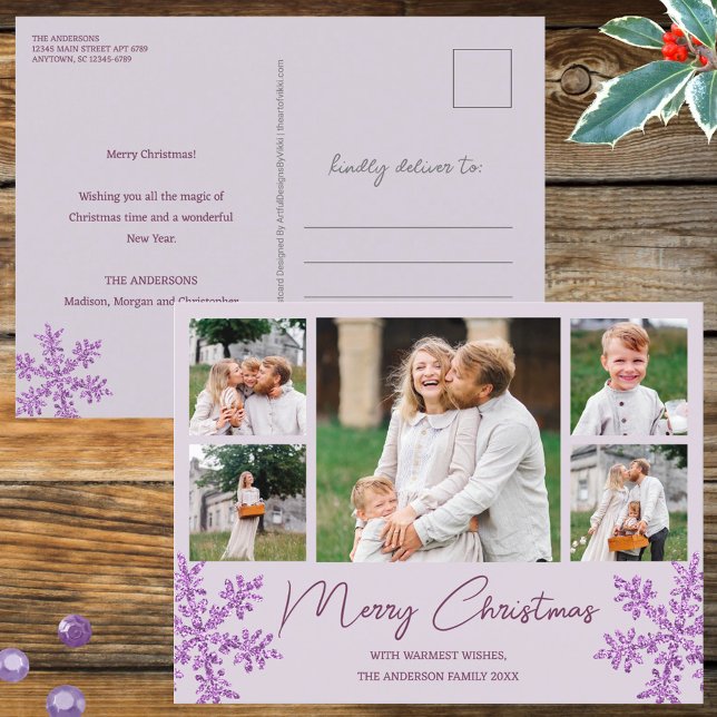 Schneeflocke Lila Glam 5 Foto Weihnachten (Purple snowflakes & 5 photos on Christmas postcards customized by you for a jolly holiday)