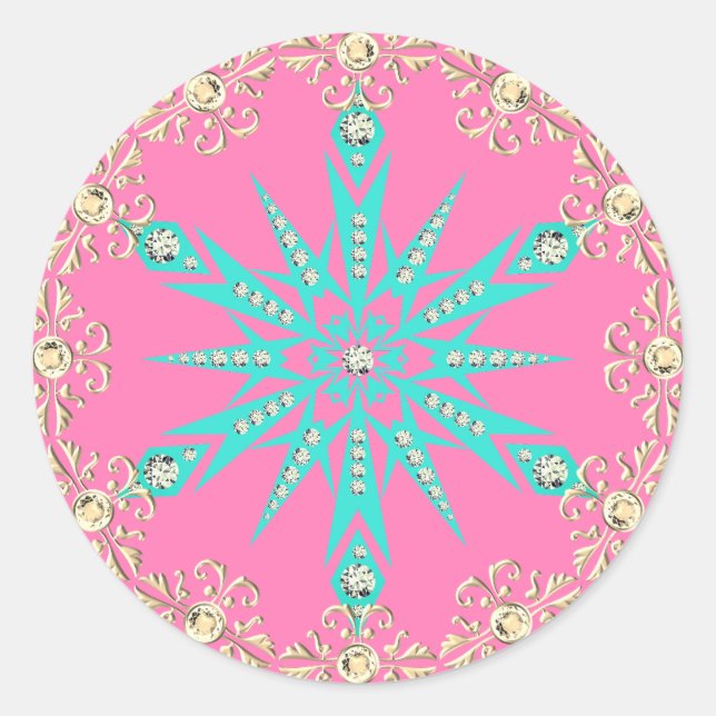 Schneeflocke Mitte des Jahrhunderts türkis rosa Vi Runder Aufkleber (Vorderseite)