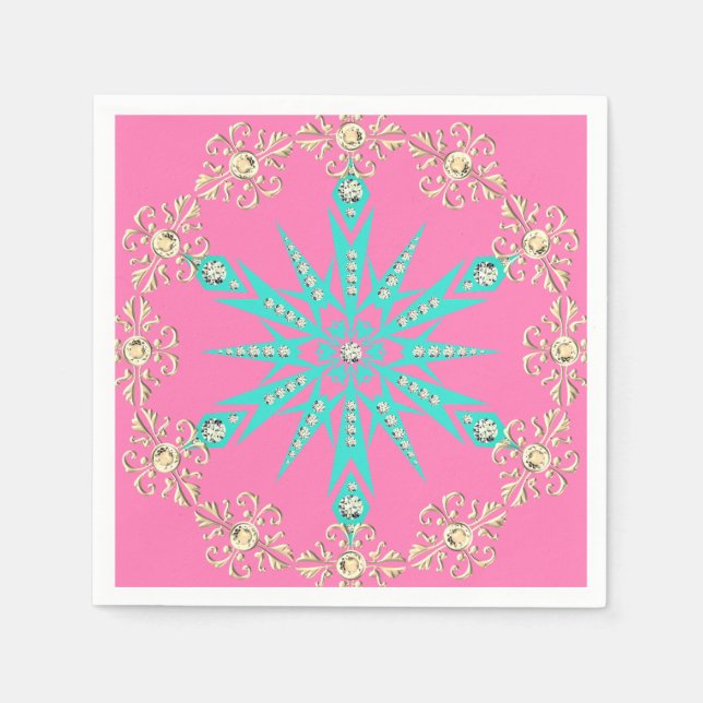 Schneeflocke Mitte des Jahrhunderts türkis rosa Vi Serviette (Vorderseite)