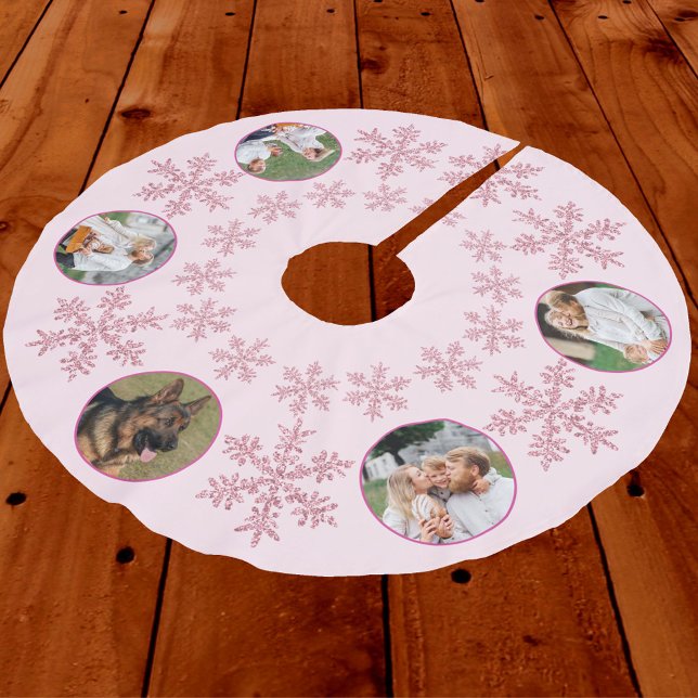 Schneeflocke Pink Glau Farbenfroh 5 Foto Weihnacht Polyester Weihnachtsbaumdecke (Add 5 favorite photos to the pink snowflakes for a unique Christmas tree skirt)