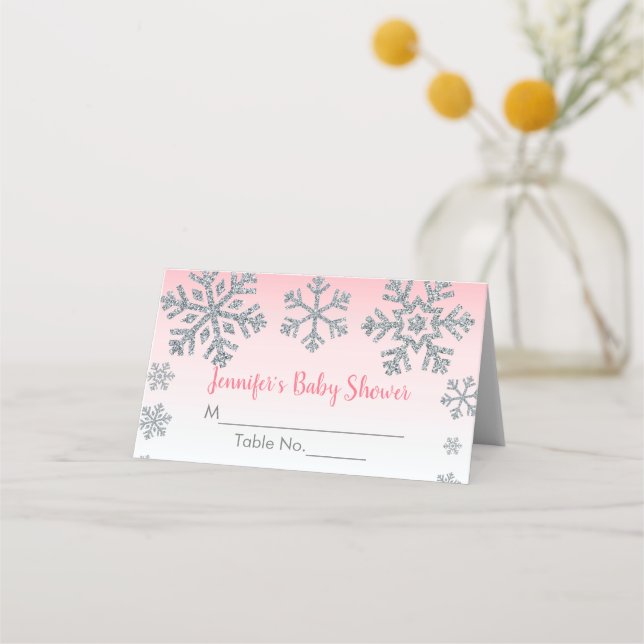 Schneeflocke Pink & Silver Winter Baby Dusche Platzkarte (Vorderseite)