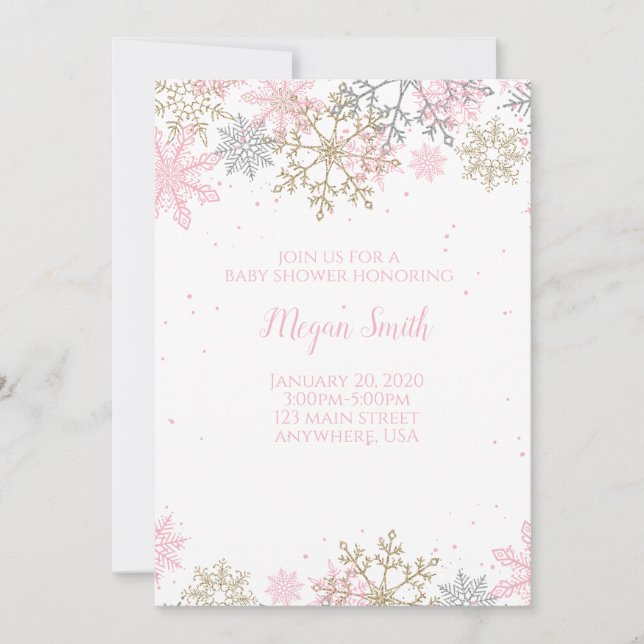 Schneeflocke Pink und Gold Glitzer Winterkindusche Einladung (Vorderseite)