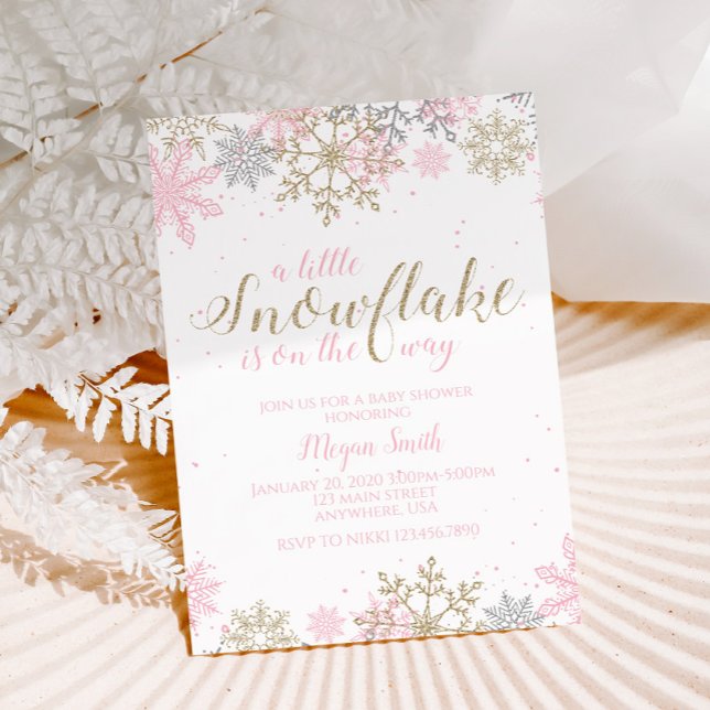 Schneeflocke Pink und Gold Glitzer Winterkindusche Einladung (Von Creator hochgeladen)