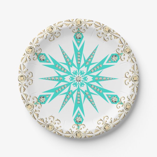 Schneeflocke türkisfarbener Diamant Mitte des Jahr Pappteller (Vorderseite)