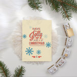 Schneeflocke-Typografie-Weihnachten des Imitat-3D Feiertagskarte<br><div class="desc">Modern,  Farben 3D von Rotem und Blau zusammen mit den blauen Schneeflocken,  die ungefähr schwimmen.  Kleine Bandelemente unten mit den Weihnachtsbäumen im Rot und im Blau wieder umrissen.  Typografietext auf beige Hintergrund.</div>