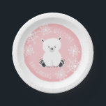 Schneeflocke Winter Pink Baby Dusche Pappteller<br><div class="desc">Babyduschpapier-Teller mit einer Abbildung eines Babypolarbären und Schneeflocken über einem rosa Hintergrund. Personalisieren Sie den Namen.</div>