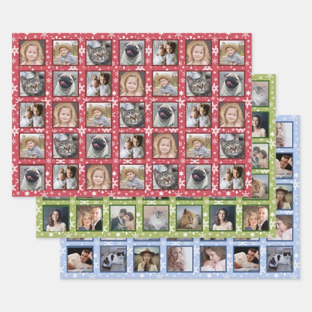 Schneeflocken 15 Custom Family Foto Collage 3 Farb Geschenkpapier Set (Set)