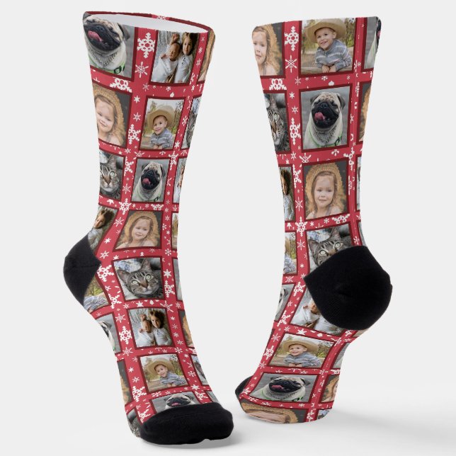 Schneeflocken 5 Custom Family Foto Collage Rot lei Socken (Gewinkelt)