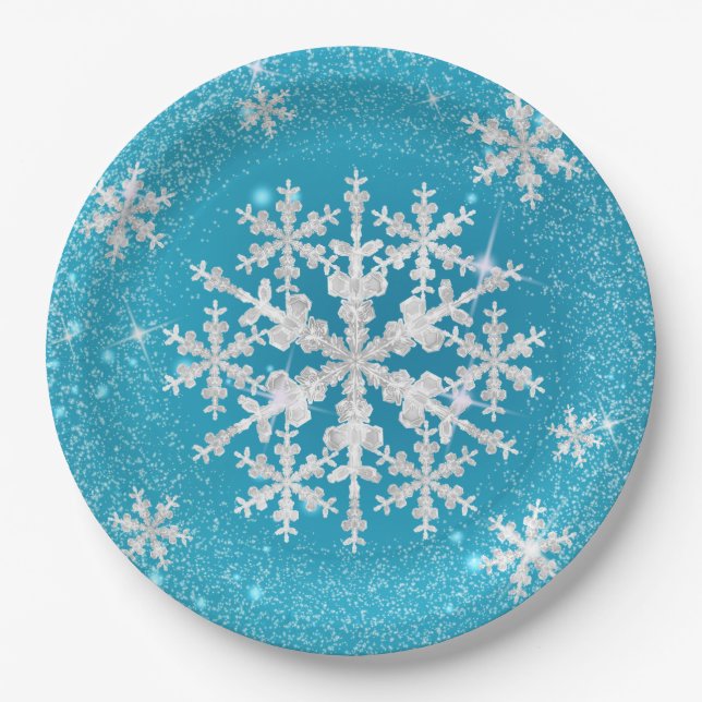 Schneeflocken Aqua White Pappteller (Vorderseite)