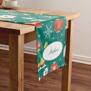 Schneeflocken Aquamarin Monogram Muster Weihnachts Großer Tischläufer