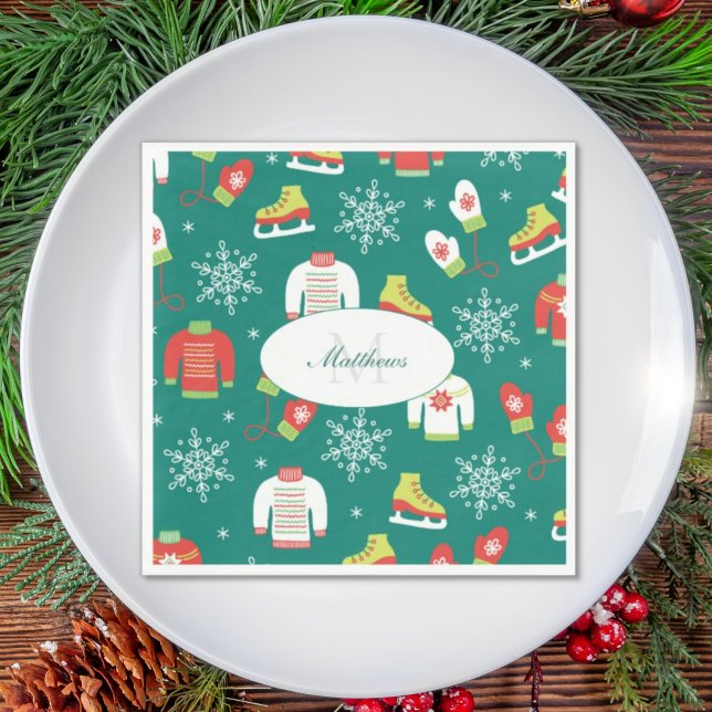 Schneeflocken Aquamarin Monogram Muster Weihnachts Serviette (Von Creator hochgeladen)