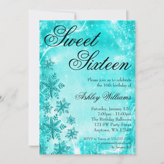 Schneeflocken Aquamarin Sweet 16 Winterwunderland Einladung (Vorderseite)