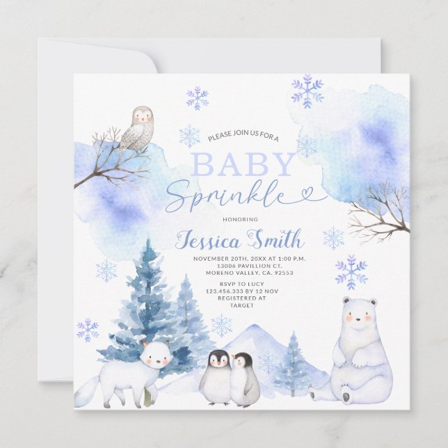Schneeflocken Arctic Animal Mountain Baby Sprinkle Einladung (Vorderseite)