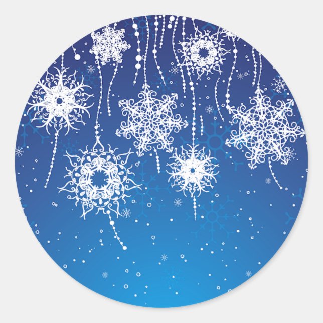Schneeflocken auf blau runder aufkleber (Vorderseite)