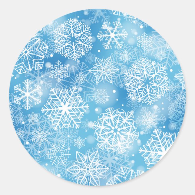 Schneeflocken auf blau runder aufkleber (Vorderseite)