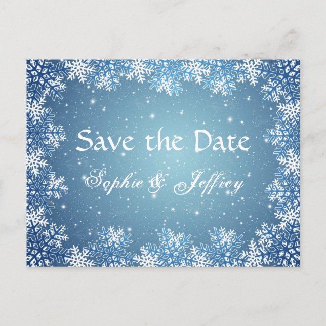Schneeflocken auf blaue Hochzeit Speichern Sie das Ankündigungspostkarte (Vorderseite)