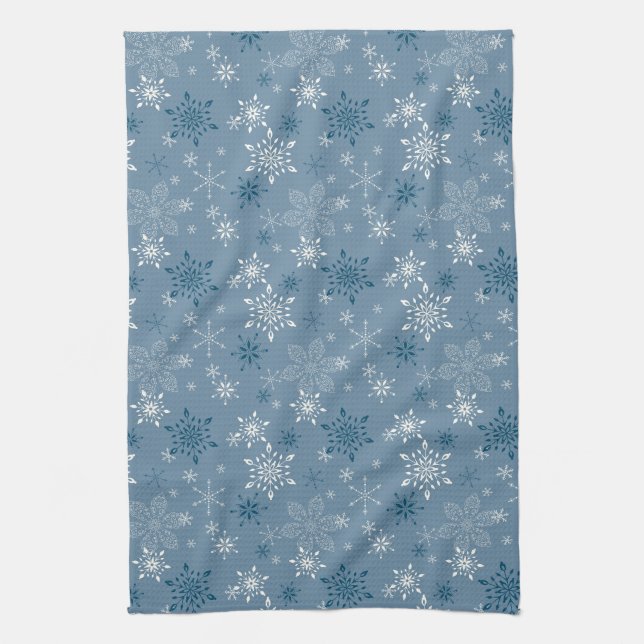 Schneeflocken auf blauem Hintergrund Geschirrtuch (Vertikal)