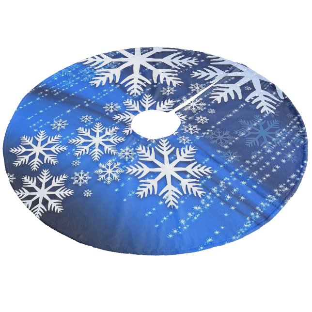 Schneeflocken auf blauem königlichem fleece weihnachtsbaumdecke (Schrägansicht)