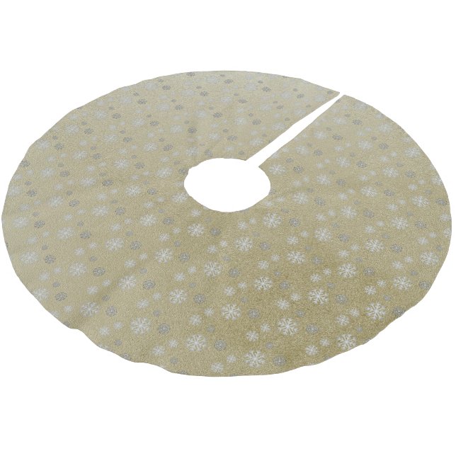Schneeflocken auf dem Gold Brushed Polyester Tree  Weihnachtsbaumdecke (Schrägansicht)