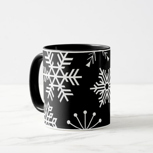 Schneeflocken auf der Black Holiday Art Tassen Cup (Vorderseite Links)