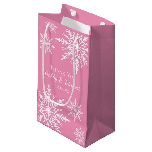 Schneeflocken auf der rosa Winterhochzeit Danke Kleine Geschenktüte (Vorderseite Schrägansicht)