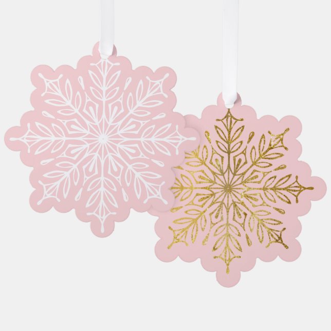 Schneeflocken auf rosa Weihnachten Ornament Karte (Vorderseite/Rückseite)