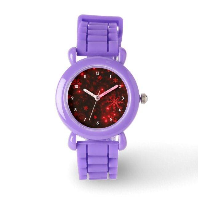 Schneeflocken auf tiefroter Hintergrundschau Armbanduhr (Vorderseite)