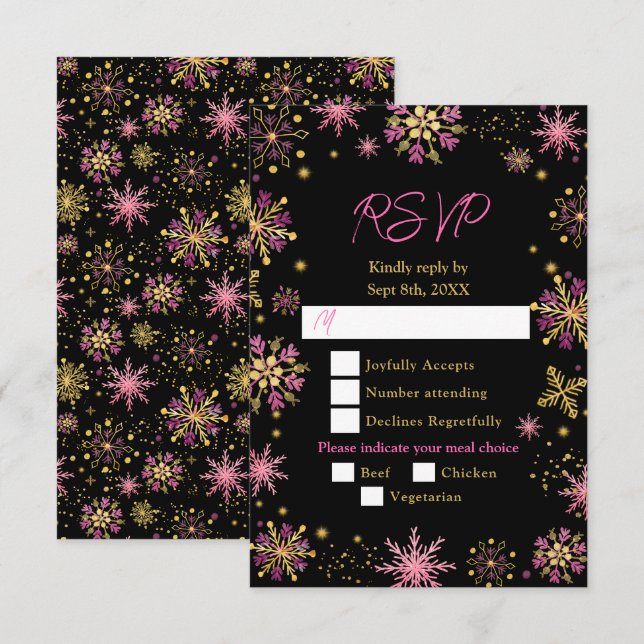 Schneeflocken aus Gold und Rosa Wintermesse RSVP Karte (Vorne/Hinten)