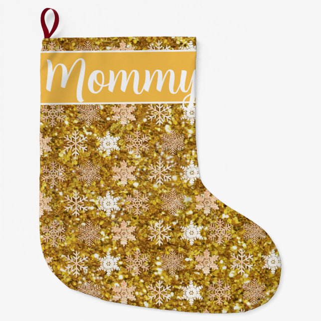 Schneeflocken aus goldglänzenden Glitzer Großer Weihnachtsstrumpf (Vorderseite)