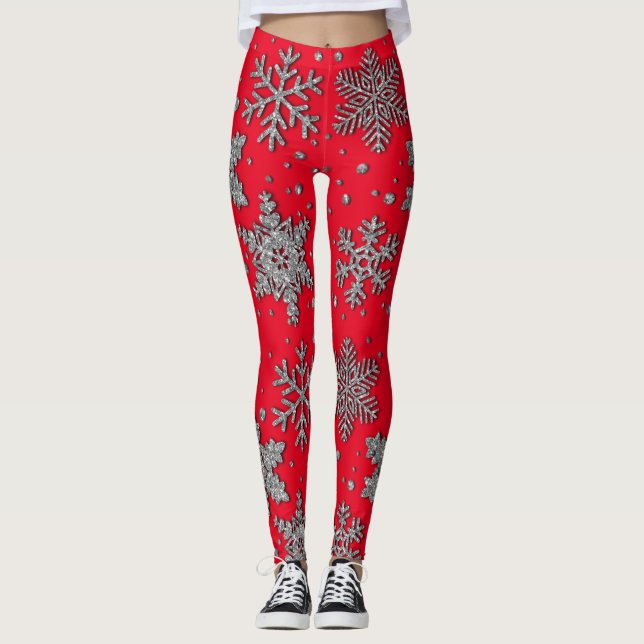 Schneeflocken aus silberfarbenem Glitzer Leggings (Vorderseite)