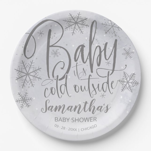Schneeflocken Baby Es ist kalt draußen Babydusche  Pappteller (Vorderseite)