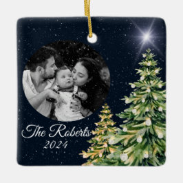 Schneeflocken & Bäume Wintergarten Elegantes Navy  Keramikornament