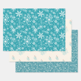 Schneeflocken, Blätter, Knospen, Bäume, aquamarin, Geschenkpapier Set