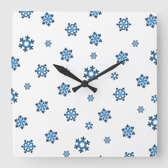 Schneeflocken (blau und schwarz) quadratische wanduhr (Vorderseite)