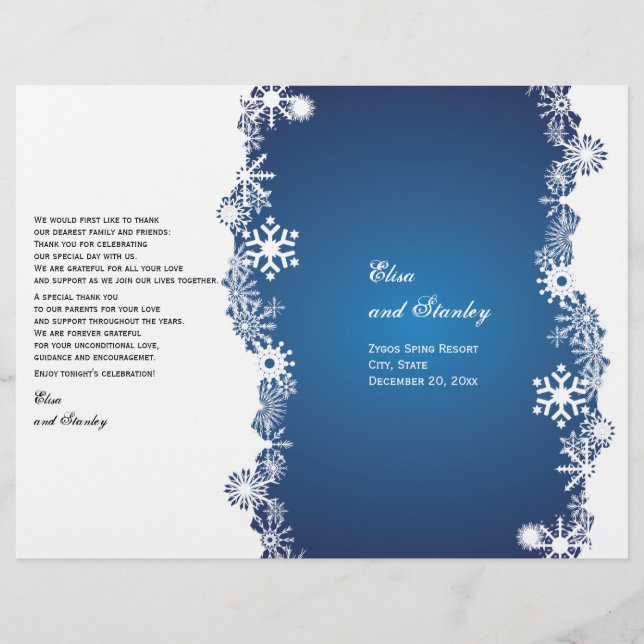 Schneeflocken-blaues Hochzeitsprogramm (Vorderseite)