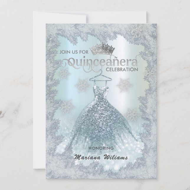 Schneeflocken blaues Kleid ombre tiara Quinceañera Einladung (Vorderseite)