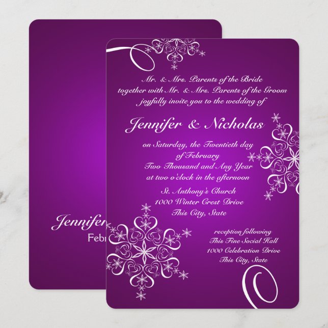 Schneeflocken der Liebe Winterhochzeit Lila Einladung (Vorne/Hinten)