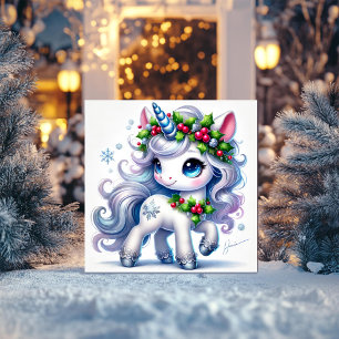 Schneeflocken-Einhorn mit eisblauen Details Feiertagskarte
