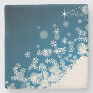 Schneeflocken fallen auf blaues Weihnachten Steinuntersetzer