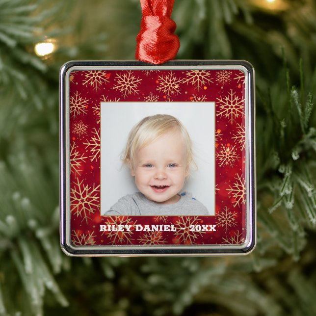 Schneeflocken Foto Red Ornament Aus Metall (Baum)