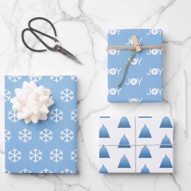 Schneeflocken, Freude und Weihnachtsbaum Blaues Mu Geschenkpapier Set (Vorderseite)