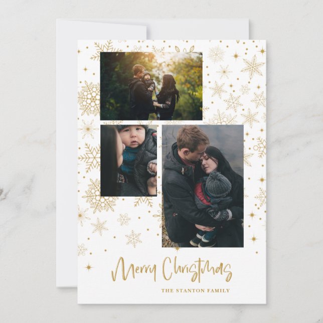 Schneeflocken Frohe Weihnachts-Foto-Familie Gold Karte (Vorderseite)